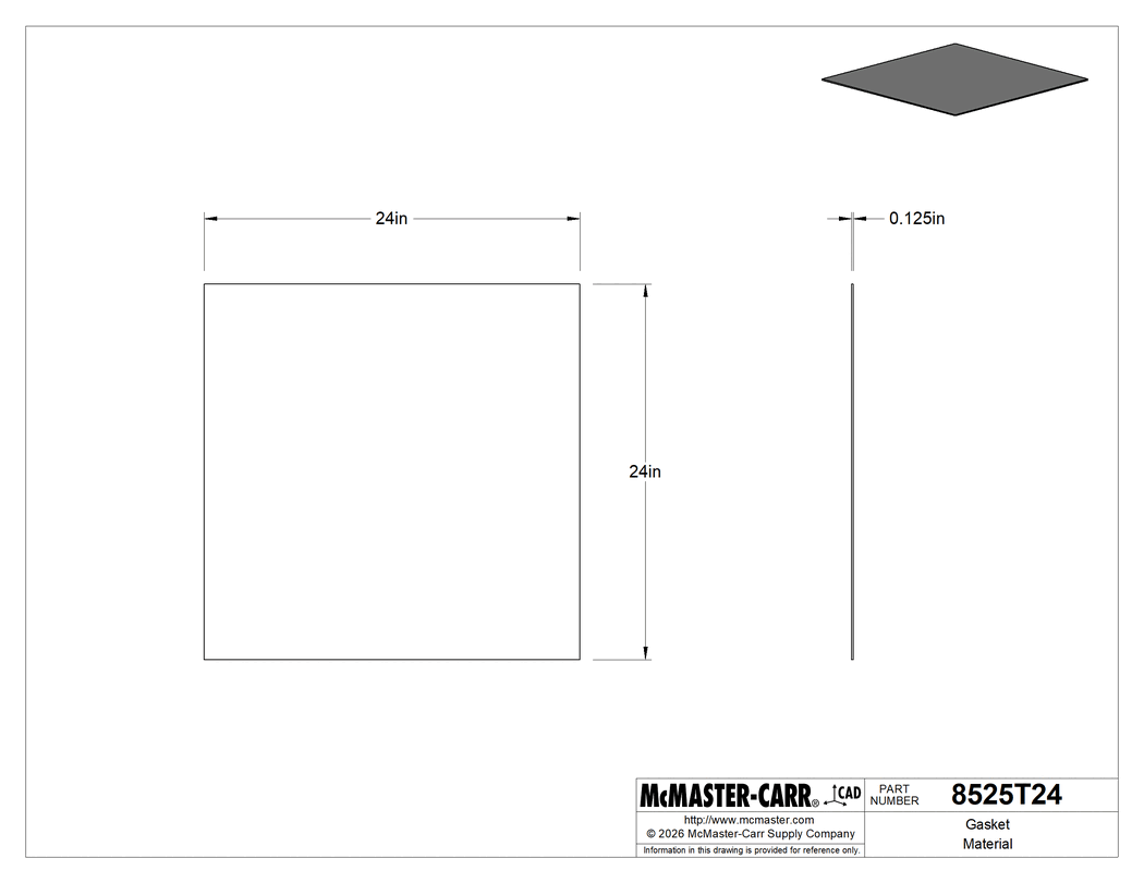Technical Drawing of Gasket Material, Oil-Resistant Compressible Buna-N, 24" x 24" Sheet, 1/8" Thick.